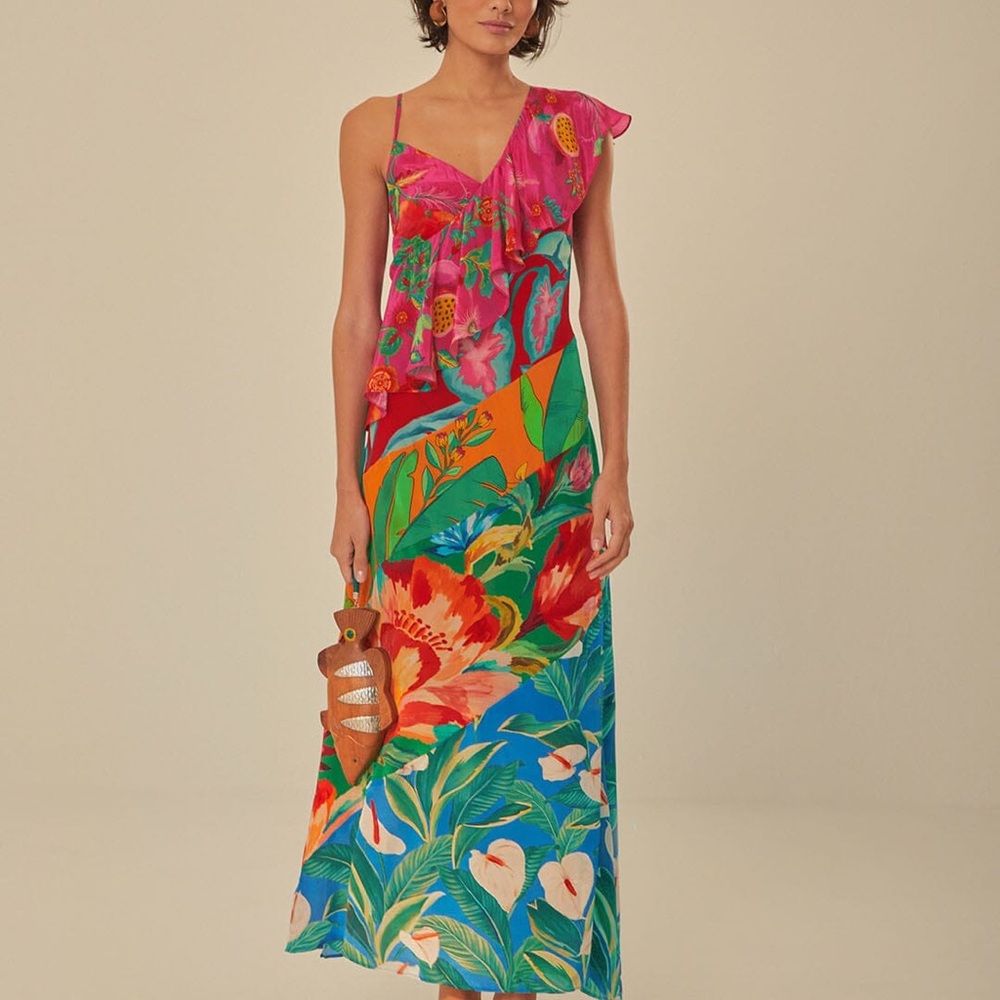 FARM Rio Mixed Flowery Ruffle One Strap Midi Dress Medium NWT